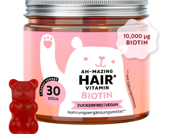 Ah-Mazing Hair Biotin gummies jar, sugar-free vegan, 10,000 mcg biotin