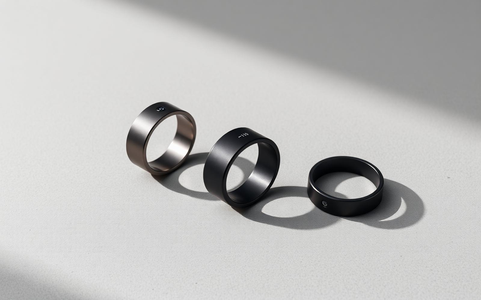 Three AI smart rings arranged on a matte surface — titanium and matte black finishes