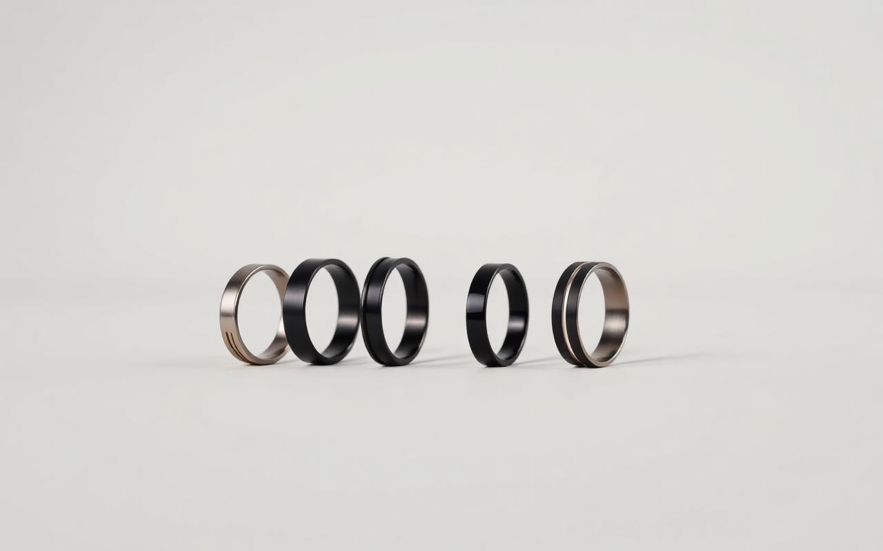 A row of smart rings in titanium and black finishes