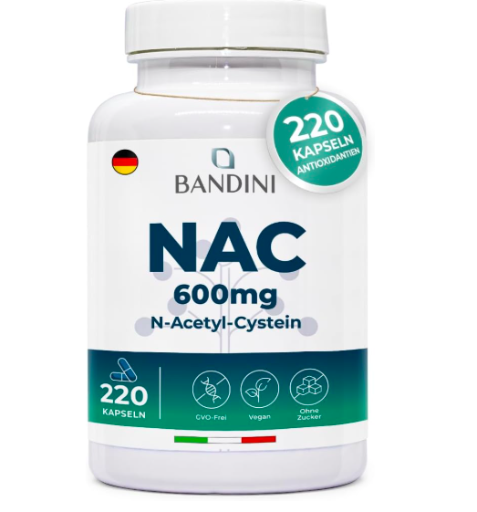 Bandini NAC 600mg N-Acetyl L-Cysteine bottle, 220 vegan capsules