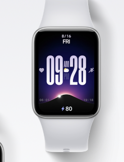 Xiaomi Smart Band 10 Pro screen showing a sunset clock face