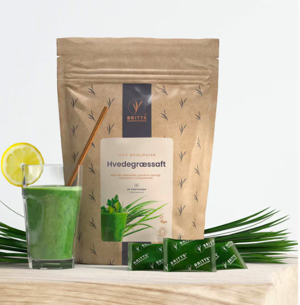 Britt's organic wheatgrass juice — frozen shots and powder pouch