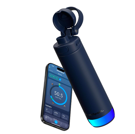 HidrateSpark PRO 2 smart water bottle in navy with companion app on iPhone