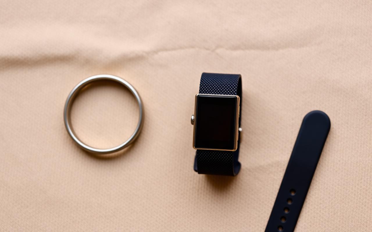 A screenless smart ring, a fabric fitness strap and a display-free band on a linen background