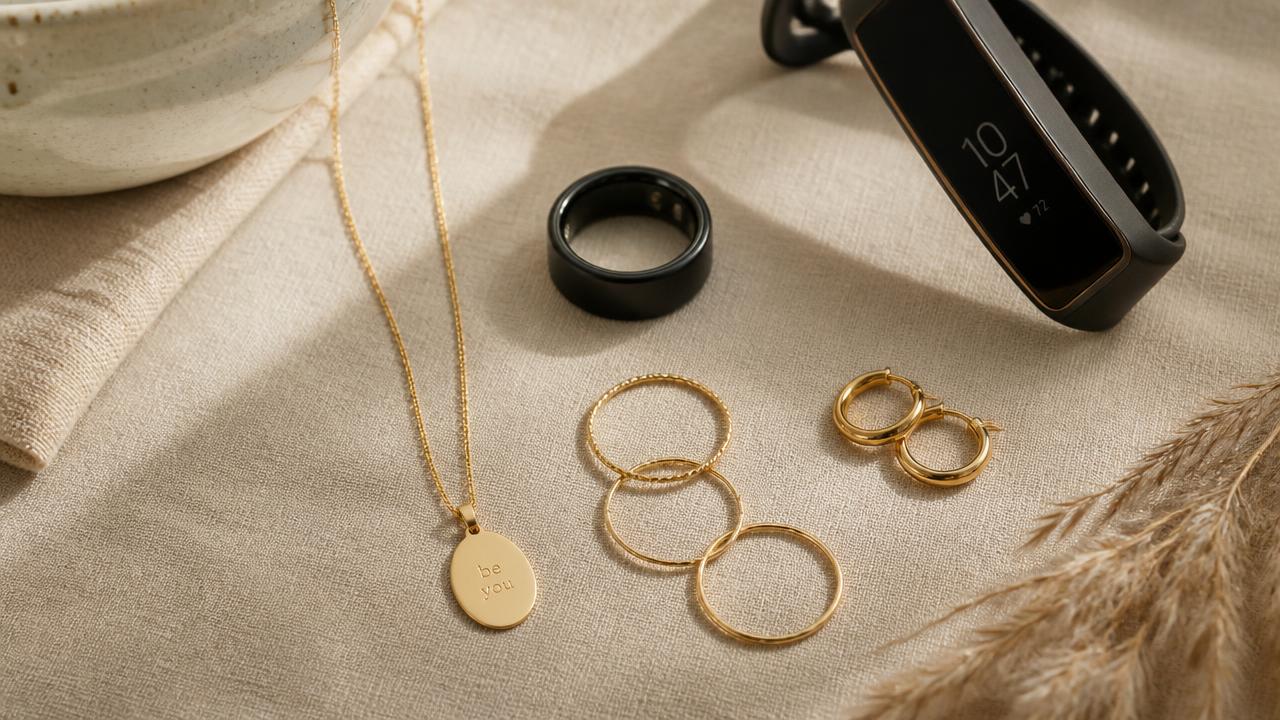 Delicate gold stacking rings, an engraved pendant necklace and hoop earrings beside a smart ring and fitness band